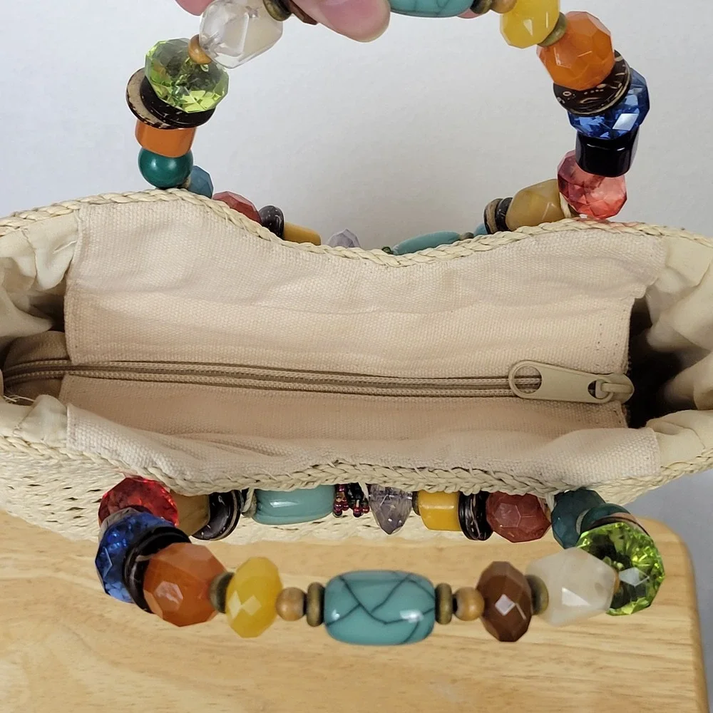 Cappelli Straworld Woven Straw Handbag Chunky Multicolor Beaded Ring Handle Tote